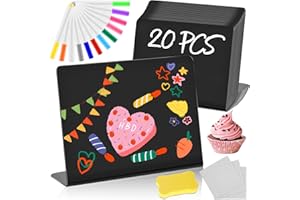 WuGU Kreidetafel Klein Set, 20 Stück Kleine Tafeln Zum Beschriften mit 12 Tafelstifte Abwischbar,Nachrichtenschilder,Tischkarten für Buffet, Hochzeit, Party, Preisschilder, Café -7.5 x 10cm