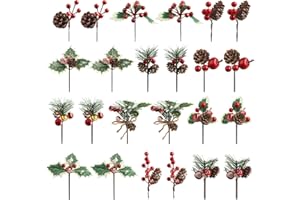 Songjum 24 Piezas Púas de Navidad Bayas de Navidad Artificiales con Piñas Manzanas Campanas Hojas de Acebo Ramas de Pino Artificiales Navidad para Corona Árbol de Navidad Invierno Decoración