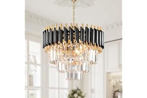 ‎AHXIAOZN Modern Crystal Chandeliers,Crystal Pendant Light Fixture, 3-Tier Gold Black Chandelier Ceiling Light for Dining Room Living Room E14*5 Bulb (Excluding Bulbs