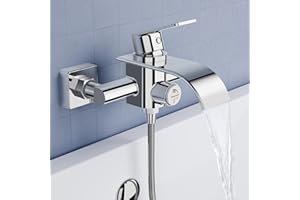 KULACO Grifo de Baño Cascada, Grifo de Ducha, Grifo de Baño de Latón, Monomando para bañera, Grifo de Baño Cromado con Interruptor de Presión Grifo de Baño Mezclador para Baños
