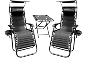 Buyer Empire Reclining Zero Gravity Chairs, Folding Canopy Shade, Table and Cup Holder, Heavy Duty Folding Portable Design Relaxing Chair Sun Lounger Garden Outdoor Furniture Set Of 2 Chairs, Black