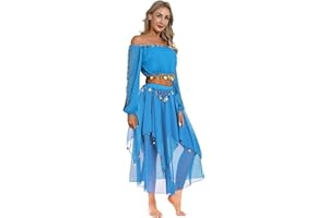 Yruioon Damen Bauchtanz Kostüm Set Langarm Crop Tops mit Chiffon Rock Bauchtanz Kleid Bauchtänzerin Indische Tanzkleidung