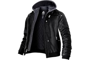 Wantdo Homme Veste en Simili Cuir Manteau Chaud Coupe-Vent Moto Rétro Multi-Poches Blouson en PU Capuche Amovible Veste de Texture Mate