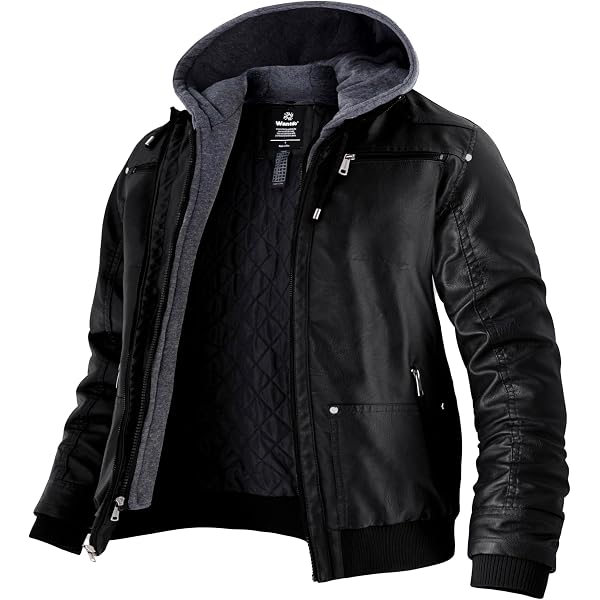Blouson Bomber Homme CARWORNIC En Cuir Synthétique - Capuche Amovible - Imperméable - 5 Poches - Style Moto