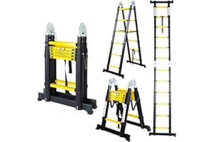 Sonnewelt Teleskopleiter, Rutschfester Aluminium Stehleiter, 150 kg/330 Pfund Belastbarkeit Ausziehbare Leiter, Aluminiumleiter mit Tragegriff, Mehrzweckleiter (Schwarz&Gelb, 1.9M+1.9M)