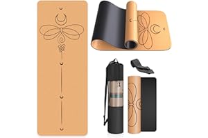 Haninj Eco-Friendly Yoga Mat Non Slip Unique Design Natural Cork Tpe Material Fitness Exercise Mat with Carry Bag and Strap For Home, Pilates,Aerobic,Gym & Workout(4 patterns available)