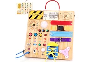 Grarain 23 in 1 Montessori Busy Board Juguetes Niños 1 año con 15 interruptores y 26 Luces LED, candado, Caja de música, Cordones y Cremallera Juegos Niño 1 2 3 años