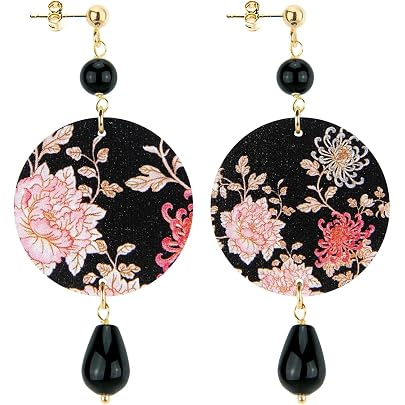 Orecchini The Circle Fiore Rosa Piccolo Nero Lebole - Ottone Placcato Oro, Pietre Naturali, Made In Italy