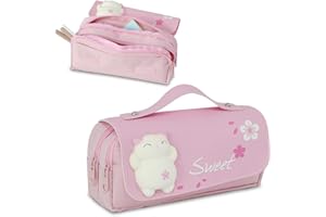 DBPBToU Trousse Scolaire Filles, Jolie Trousse Grande Capacité avec 3 Compartiments, Pencil Case en Tissu Oxford et Cuir PU, Trousse Enfant Portable pour École (Chaton éponge Rose)