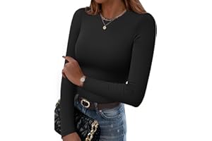 Hotouch T-Shirts à Manches Longues Femme Élégant Col Rond Hauts Chic Thermique Tee Shirt Ajustée Basique Slim Tops Couleur Unie pour Hiver Automne XS-XL