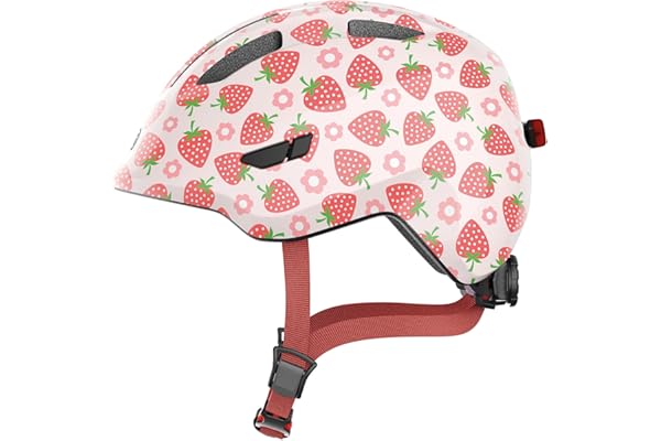 ABUS Casque pour enfants Smiley 3.0 LED - Casque de vélo avec lumière - ajustement profond & place pour une tresse - pour filles et garçons - Rose avec motif de fraise, taille S, S (45-50 cm)