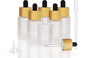 COSIDEA Lot de 6 flacons vides en verre dépoli de 30 ml avec couvercles compte-gouttes en bois de bambou pour sérum et huile essentielle, conteneurs d'huiles cosmétiques, flacons compte-gouttes de