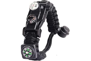 Bracelet Paracorde Survie pour Homme Femme, Militaire Paracord Bracelet Kit avec Flint + Boussole + Thermomètre + Sifflet + Lumière LED pour Extérieur, Randonneur, Baroudeur, Explorateurs