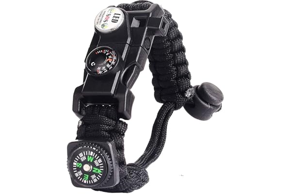 AuRiver Bracelet Paracorde Survie pour Homme Femme, Militaire Paracord Bracelet Kit avec Flint + Boussole + Thermomètre + Sifflet + Lumière LED pour Extérieur, Randonneur, Baroudeur, Explorateurs