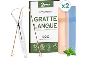 SMARTYNAS Lot de 2 Gratte Langue en Cuivre et Acier Inoxydable avec Étuis de Transport - Nettoyage Buccal Efficace - Tongue Scraper Ayurveda pour Mauvaise Haleine - Racle Langue pour Adulte et Enfant grattoir