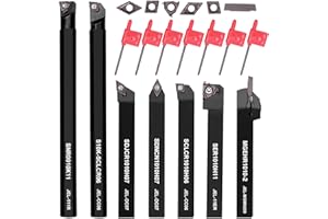 RICYEA 21 sztuk dłut tokarskich z płytkami obrotowymi, drążek wiertarski, stal tokarska, zestaw uchwytów do dłut obrotowych, 7 x uchwyt tokarski, 7 x nasadki z twardego metalu, 7 x klucz płaski (10 mm)