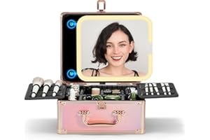 ‎OMIRO OMIRO Make Up Box mit Beleuchtetem Spiegel, Kosmetikkoffer mit Abnehmbarem Magnetspiegel (Funkelndes Farbverlauf Rosa)