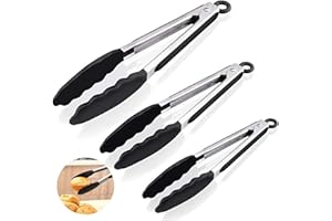 AHASON'S Silicone Tong 7-9-12 inchs Set of 3,BPA Free Silicone Tip Thickened Stainless Steel,480℉ Heat Resistant Handle,Turning,Serving Tong,Barbecue,Buffet,Salad,Oven, Air Fryer(18-23-30cm, Black)