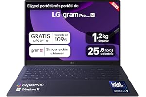 LG gram Pro 16Z90TS-G.AU99B Ordenador Portátil 16 Pulgadas, Intel Core Ultra 9 288V, 32GB RAM, 1TB SSD, Pantalla IPS Antirreflejo, 1.239 g, 25.5 Horas, W11 Home, Gris metalico, Teclado QWERTY Español