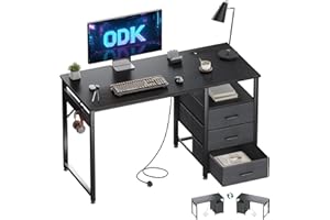 ODK 120cm Computer Desk with Drawers, Office Desk with 2 Sockets & USB Ports, Reversible PC Table with Storage, Study Table for Home Office & Bedroom, Black