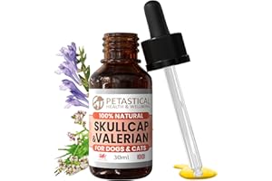 Petastical Skullcap Valériane, Chat Chien Calmant, Gouttes Calmantes Anxiété, Seul à la maison, aboiements, Bruits Forts, Feux d'artifice, Voyage (30ml)