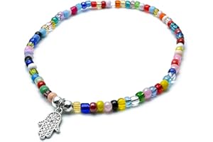VILDA JEWELLERY Hamsa Charm Beaded Anklet, Multi-Colour Glass Seed Bead Mix with Silver Tone Fatima's Hand Charm : Size M/L 10 inches, Beach Boho Surfer Jewellery for Women