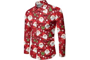 RUIRUILICO Chemise Noel Homme Manches Longues Imprimé Chemises Grande Taille Col à Revers Bouton Décontracté Élégant 2025 Christmas Shirts Coupe Classique