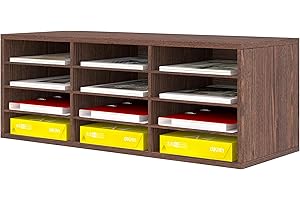 Senhoglb Wood Paper Storage Organiser for Desk, 12 Compartments Wooden File Sorter with Adjustable Shelves, Mail Sorter Organizer Countertop for Office, Home, School, Retro Brown