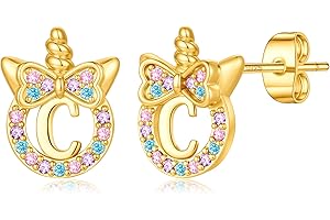 TINGN Pendientes de unicornio para niñas regalos - Plata 925 hipoalergénica multicolor arco iris zirconia pendientes con letras oro pendientes niños joyas unicornio regalo para niñas 5-12 años