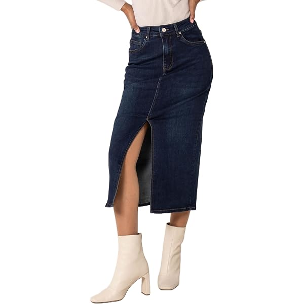 Nina Carter Jupe En Jean Femme Taille Haute Mi-Mollet - Fente Avant, Look Usé, Stretch Confort