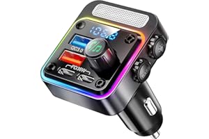 NULAXY 54W Bluetooth 5.3 Adapter Auto mit 4 Ladeanschlüssen [PD 36W & QC3.0 18W], Drahtloses Radio FM Transmitter für, Deep Bass Player, 5 Farben LED Hintergrundbeleuchtung, Handfreie Anrufe, Schwarz