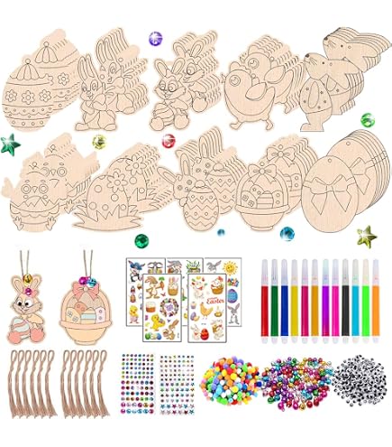 36 Stück Holzanhänger Ostern Bastelset – Eier, Hasen, Hühner, Blumen Zum Bemalen & Aufhängen
