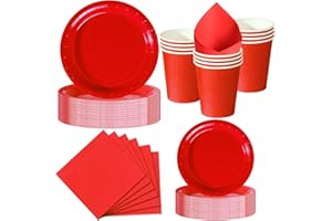 Nkaiso Set de Vaisselle Jetable 50 Pièces Rouge Vif - 10 Assiettes 23cm, 10 Assiettes 18cm, 10 Gobelets, 20 Serviettes - Pour Noël, Saint-Valentin, Fête Nationale - 10 Invités