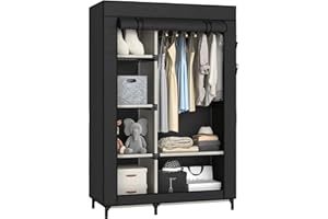 Buzowruil Canvas Wardrobe Portable Closet Wardrobe Clothes Storage with 6 Shelves and Hanging Rail,Non-Woven Fabric, Quick and Easy Assembly,Black