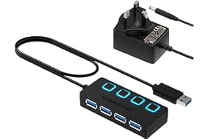 SABRENT Powered USB Hub, 4 Port USB 3.2x1 5Gbps, USB 3 Splitter, On/Off Switch LED Indicators, 68cm (2ft) Cable for PC, Laptop, iMac, MacBook (HB-UMP3)
