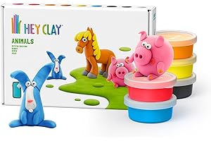 Hey Clay Tiere: Piggy, Pferd, Kaninchen Set – Bunte Modellierung Kinder – Lufttrocknen Ton Kit 6 Dosen mit Spaß Interaktive Anleitung App
