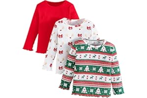 Pilipulu Pack de 3 Niña Camisetas Manga Larga Puños con Volantes T-Shirts Cuello Redondo Tops Básicos para Niños 3-7 años