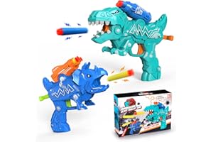 TACOPET Pistola Giocattolo Dinosauri Giocattolo 2 pack Triceratops e T-REX, Pistola a Pallini con 30 Dardi e 2 Cinturino da Polso, Regalo Bambino 5 6 7 8 9 10 + Anni