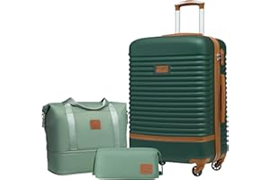 COOLIFE Suitcase Trolley Carry On Hand Cabin Luggage Hard Shell Travel Bag Lightweight with TSA Lock,The Suitcase Included 1pcs Travel Bag and 1pcs Toiletry Bag (Dark green/Brown, 24 Inch Luggage Set)