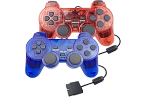 HOVLIAN JINHOABF - Paquete de 2 controladores con cable PS2, doble choque compatible con consola Playstation 2 (azul transparente y rojo transparente)