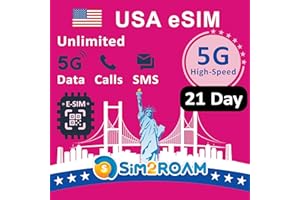 SIM2ROAM Przedpłacona karta eSIM w USA (użyj sieci T-Mobile) | Nieograniczona transmisja danych internetowych 5G/4G w USA (w tym Hawaje) + 5 GB danych 5G/4G w Kanadzie i Meksyku |(21 dni)