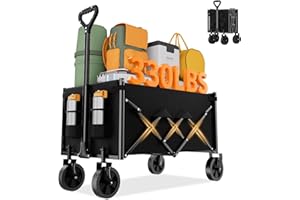 Favoyard 100L Foldable Festival Trolley on Wheels, Garden Wagon Cart with Adjustable Handle and Drink Holder, Portable Camping Trolley Cart for Beach Camping Garden Outdoor Fishing, Black
