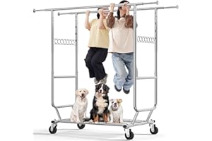 HOKEEPER Heavy Duty Double Rail Clothes Rack on Wheels, 295kg(650lbs) Capacity, Industrial Design with Bottom Shelf, Extendable Length & Height - Ideal for Bedroom, Boutique, Laundry Room, Yard Sale