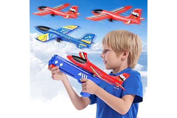 PQETBV Avion Polystyrene avec Pistolet Catapulte, 4 Pack Avion Volant Mousse, Planeur en Mousse, Jeux Exterieur Intérieur Jardin Interactif Cadeau Noël Anniversaire Garçon Fille 3-12 Ans