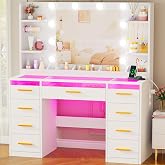 ANWBROAD Makeup Vanity with Mirror and RGB LED Lights, Glass Top | Adjustable Brightness, Sockets, Vanity with 9 Drawers RGB