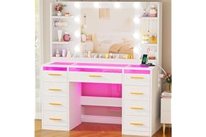 ANWBROAD Grande Tocador de Maquillaje con Espejo y Luces LED, Brillo Ajustable, Tapa de Vidrio y Enchufes, Tocador con 9 Cajones RGB 4 Estantes Mesa de Maquillaje Moderno para Dormitorio Blanco BDT95W