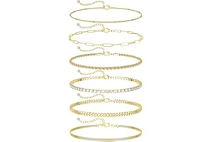 Hebterrka Lot de 6 bracelets de cheville en or pour femme - Imperméables - En plaqué or 14 carats - Avec chaînes cubaines en couches, or, L