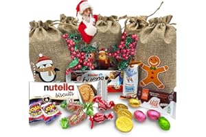 IAMI Pack Chocolates y Chuches Navidad - 5 x Bolsas de Lino con KinderBueno, Kinder Navidad Happy Hippo y + 15 Chocolates y Chuches de Navidad para Niños - Perfecto para Regalar en Navidad y Reyes Magos