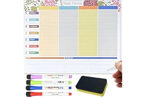 SHOWANER A4 Magnetic Weekly Planner Whiteboard for Fridge, Dry Wipe Meal Planner, Memo Board or to Do List for Organising Daily Tasks or Business Plans in Offices with 4 Dry Erase Marker Pens 1 Magnetic Eraser