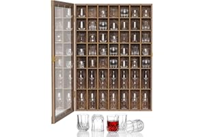ybaymy Shot Glass Display Case 49 Shot Glass Holder with Removable Shelve Wall Mounted Shadow Box Lockable with UV Protection Acrylic Glasses Door Wooden Collection Display Cabinet